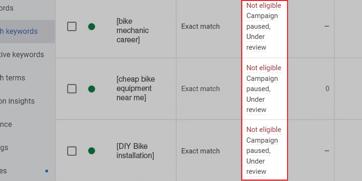 Non-Eligible Google Ads Keywords